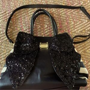 Betsey Johnson Large Bag Purse Handbag Sequined Bow, Gold, Black & White Stripe